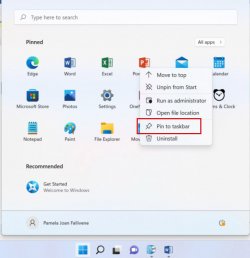 windows start menu with "pin to taskbar" highlighted