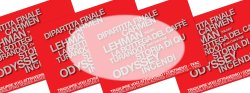 Red graphic design banner with with a white oval in the center and generic text in Italian -- images of four red flyers.