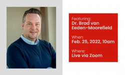 On the left, a portrait of Dr. Brad van Eeden-Moorefield. On the right, a list of event details also located below.
