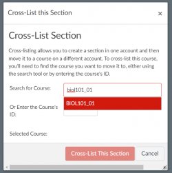 Screenshot of the cross-listing dialog showing a course ID selected