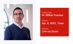 On the left, a portrait of Dr. Milton Fuentes. On the right, a list of event details that can be located on this page.