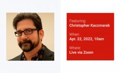On the left, a portrait of Christopher Kaczmarek. On the right, a list of event details that can be located on this page.