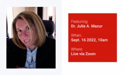 On the left, a portrait of Dr. Julie Mazur. On the right, a list of event details that can be located on this page.