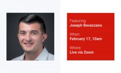 On the left, a photo of Joe Bavazzano. On the right, details on the event that is repeated below.