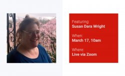 On the left, a photo of Susan Dara Wright. On the right, details on the event that is repeated below.