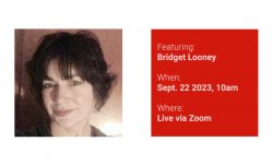 On the left, a photo of bridget looney. On the right, details on the event that is repeated below.