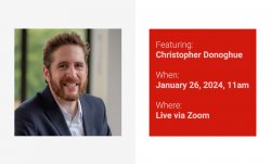 On the left, a portrait of Christopher Donoghue. On the right, a list of event details that can be located on this page.