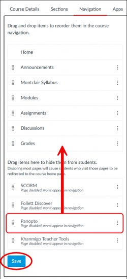 Course navigation settings with Panopto enabled.