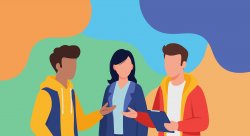 Three diverse individuals engaged in a dynamic discussion, collaboration, or meeting.