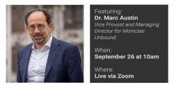 On the left, a portrait of Dr. Marc Austin. On the right, a list of event details that can be located on this page.