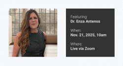 On the left, a portrait of Dr. Enza Antenos. On the right, a list of event details that can be located on this page.