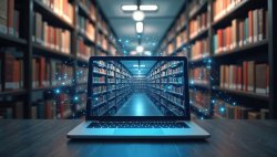 E-knjižnica prikazuje online učenje. Digitalne knjige na policama za obrazovanje.