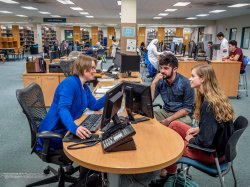 students and librarian working at reference desk