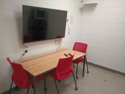 Viewing room with desk and monitor