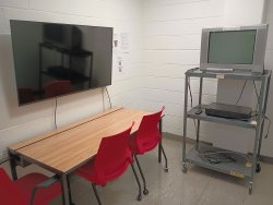 Viewing room with desk monitor, and television
