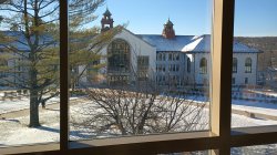 view of cole hall from library overlook