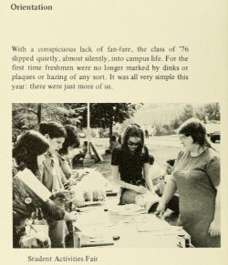 students at the student activities fair, noticeably, without dink hats