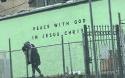 a person leans over a chain link fence in front of a bright green wall bearing the text "Peace with God in Jesus Christ"