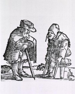 Photo of a wood cut picture of two old men meeting