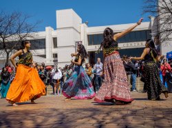 Students dancing in the Student Center Quad on World's Fair Day.