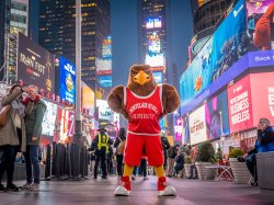 Rocky the Red Hawk standing in the middle of Times Square