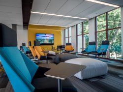 Photo of colorful lounge within new CCIS building.