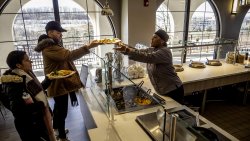 Portia Calo and Sebastian Solano are served lunch free of food allergens at Montclair State Dining’s new G8 station