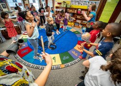 Monika Szumski leads West African music class with third graders at Seth Boyden Elementary School