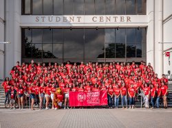 Hispanic Student College Institute group photo in front of student center.