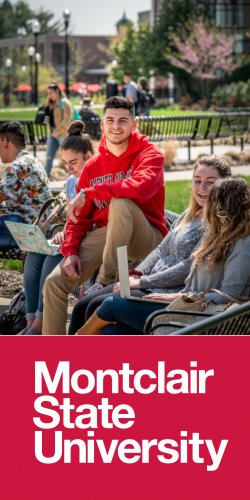Student smiling and wearing Montclair State University sweatshirt