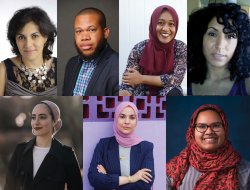 Research team “Reclaiming: ME (Muslim Educator),” top from left, Mayida Zaal, Amir Billups, Maheen Ahmad, Chedia Ayari; bottom from left, Nagla Bedir, Manar Hussein, Nushrat Hoque