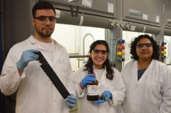 The battery recycling research team, Onucar Buken, Kayla Mancini, and Dr. Amrita Sarkar