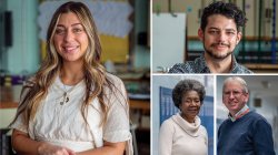 Collage of photos of Andreia Resende ’22, left, Alex Diaz ’12 MEd, Teaching and Learning Professor Douglas Larkin and Biology Professor Sandra Adams