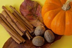 Photo showing an arrangement of fall items including pumpkin, leaves, cinnamon sticks
