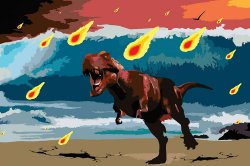 Artwork depicting Chicxulub impact, with dinosaur surrounded by asteroid flames