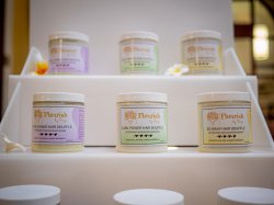 A product display features Flourish by Sage hair soufflés.