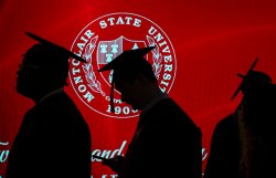 Students in graduation caps and gowns are silhouetted against a red background with a Montclair State University seal.