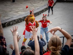 A giant bird mascot and a young woman throw t-shirts to the crowd.