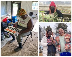 Khara Brown is shown painting a garden sign in the Munsee language, working inside the greenhouse, and posing with Turtle Clan Chief Vincent Mann of the Ramapough Lunaape Nation, who holds an egg.