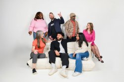 TEDx Montclair speakers gather for a group photo. Standing are Jade Walters, Chris W. Fitzpatrick, Gary J. Nix; Paige Swanstein is seated on chair. Sitting on a couch are Kathleen Culver, Nick Fuentes-Zuluaga and Anjali Badrinath.