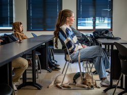 Makayla Snyder, sits in a classroom wearing a blue and white striped sweater and light blue jeans. Her yellow lab, Katherine, a Seeing Eye dog in training wearing a green vest, lies peacefully napping beneath her chair. Other students sit nearby at desks.