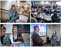 A collage of four photos shows Olga walking up the stairs in the Business school, seated at a desk in a classroom with other students, a close-up of Olga in class with her laptop, and talking with a professor.