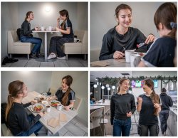 A collage of four photos show Olga and Milena seated at a table in the campus dining room, a close-up of Olga smiling while talking to her friend, a photo of them seated at the table showing their plates full of healthy food, and then walking out of the dining room.