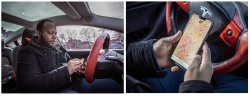 Two photos show Horatio Wauchope in his car. In the first photo, he is seated behind the wheel, looking down at his cellphone. The second photo is a close-up of his phone screen displaying the Uber app navigation map