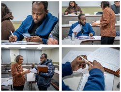 A collage of four photos shows Horatio Wauchope in his Statistics of Social Research class with Sociology Chairperson Sangeeta Parashar. In the first photo, he sits at a desk using a pad, pen, and his phone’s calculator to solve a problem. The next two photos show him talking and working with Professor Parashar. The final photo is a close-up of his written work.