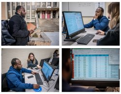 A collage of four photos shows Horatio Wauchope in an advanced Excel class at Bloomfield College of Montclair State University. He works on a laptop, charting and organizing data for a class project that analyzes companies and their inventories.