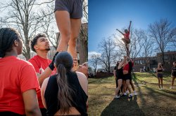 Two photos side by side show Montclair State University Coed Cheer Team members performing stunts on a sunny campus quad, with bases supporting a flyer in the air as they practice ahead of their April trip to the national cheerleading championships.