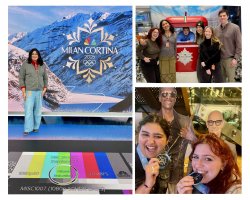 A collage of three photos shows Dani Mazariegos working with NBC Sports during coverage of the Milan‑Cortina 2026 Winter Games in Stamford, Connecticut: in one image she stands on a studio set in front of a large “Milan Cortina 2026” Olympic backdrop, in another she poses with coworkers by a red prop ski lift decorated with winter scenery, and in a third she and colleagues smile and hold up replica Olympic medals.