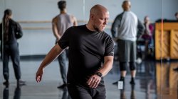 Jason Cameron runs through choreography in Montclair State University’s dance studio .
