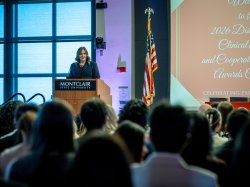New Jersey Commissioner of Education Lily Laux addresses an audience at Montclair.